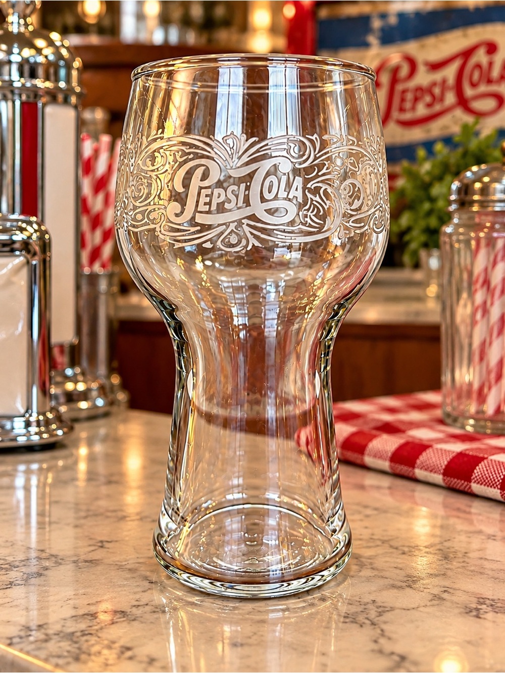 Vintage 1970s Pepsi-Cola Pedestal Glasses White Scroll Logo –Set of 2 (10 avail)